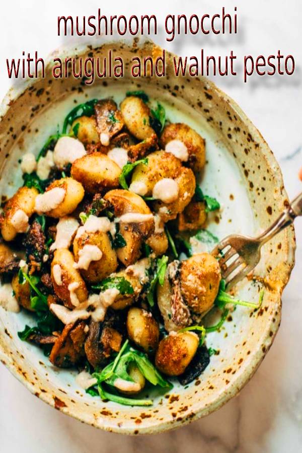 mushroom gnocchi with arugula and walnut pesto Masakan Ibu