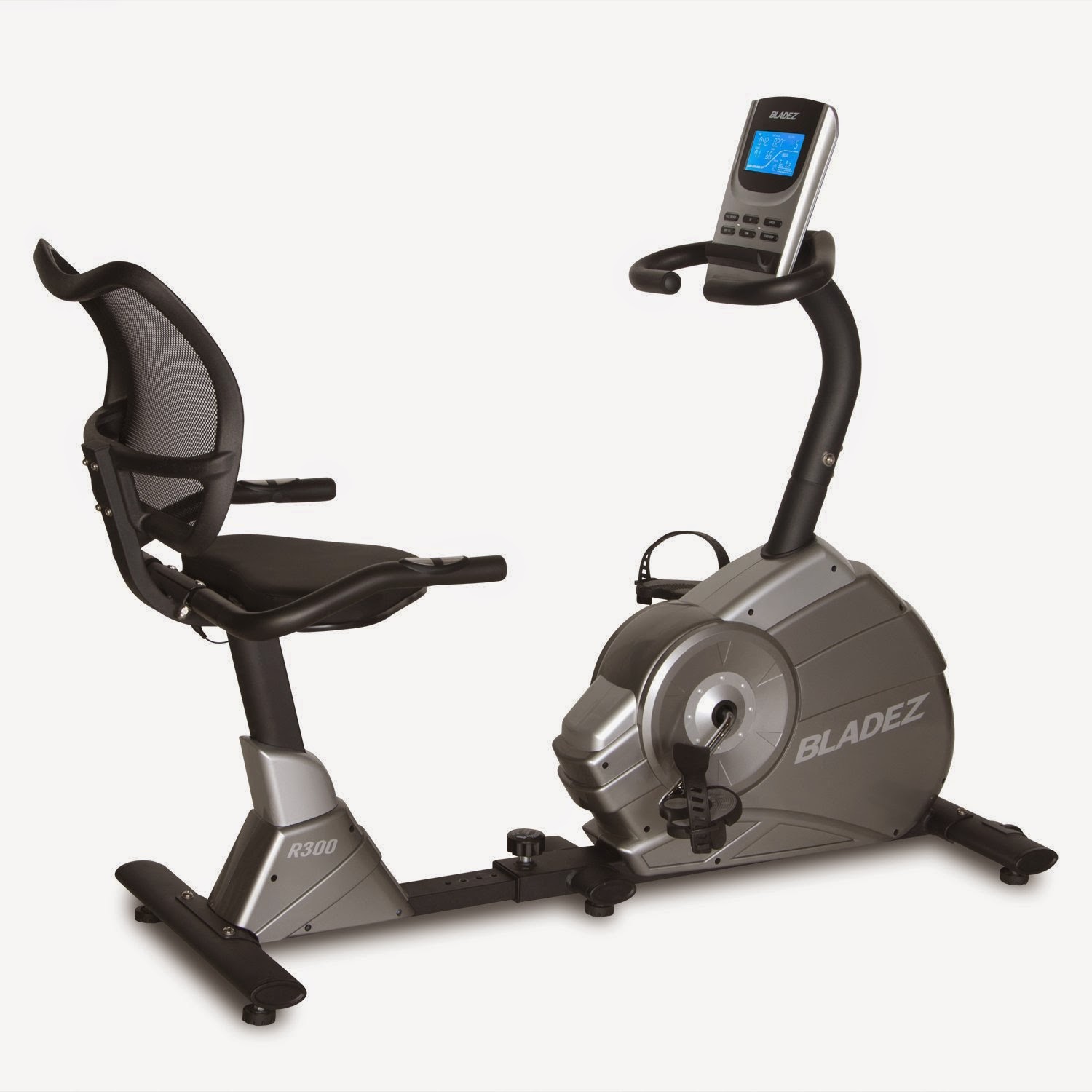 Bladez Fitness R300 Recumbent Bike, review, 11 lb flywheel, 23 workout programs, 16 magnetic resistance levels, step-through frame design, adjustable seat with ventilated backrest, low impact exercise