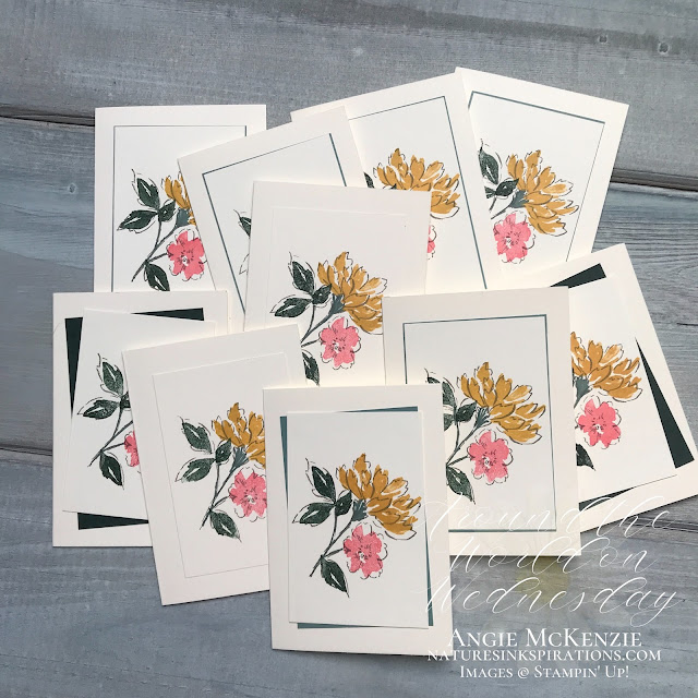 By Angie McKenzie for Around the World on Wednesday Blog Hop; Click READ or VISIT to go to my blog for details! Featuring the Hand-Penned Petals Cling Stamp Set along with Heartfelt Wishes and Love of Leaves by Stampin' Up!® to create 10 note cards in 30 minutes.