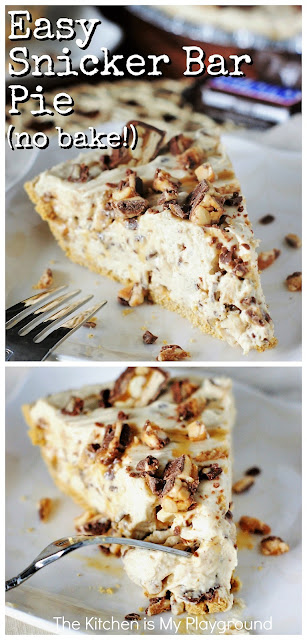 No-Bake Snicker Bar Pie ~ Creamy peanut butter and Snickers deliciousness that's perfect for any occasion.  A perfect recipe for using up leftover Halloween candy, too! #nobakedessert #Snickers #Snickerspie  www.thekitchenismyplayground.com
