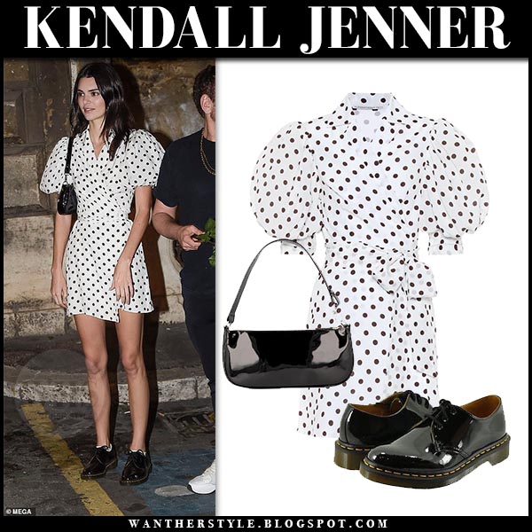 Kendall Jenner in white polka dot mini dress and black patent shoes in ...