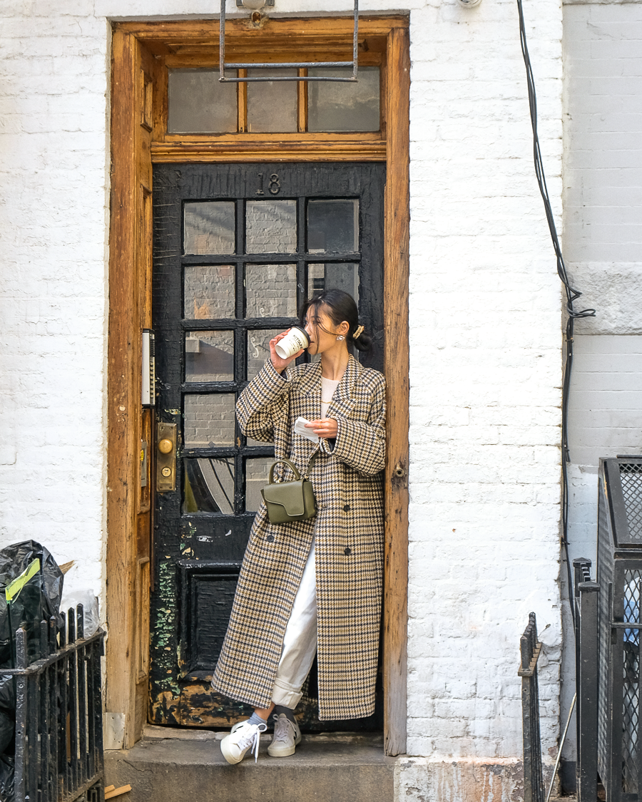 Plaid coat and Veja sneakers in West Village New York, Van Le - FOREVERVANNY.com