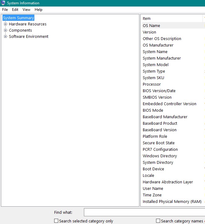 Hardware information on Windows 10