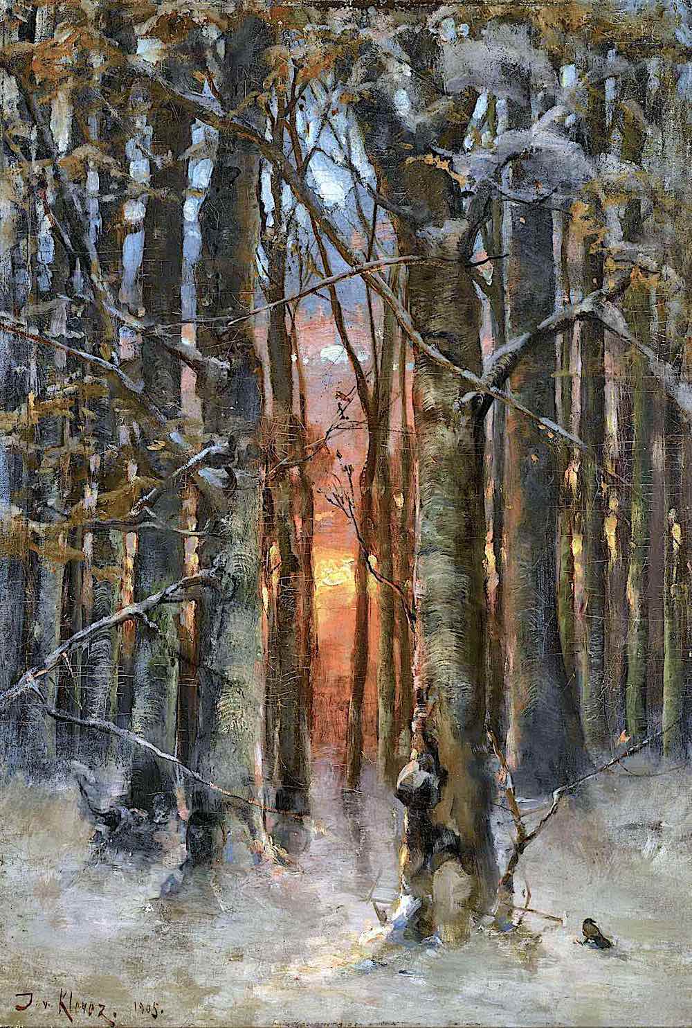 Julius von Klever art Julius von Klever art, a winter forest with sun through trees