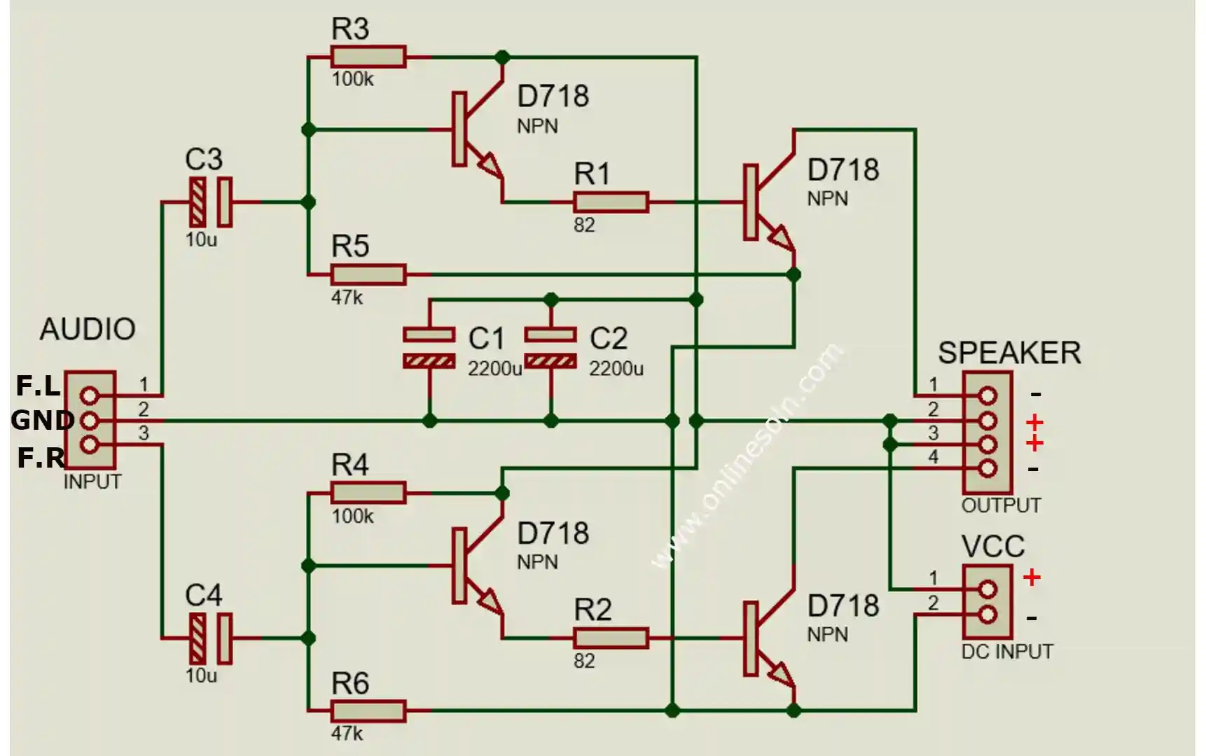 200W Powerful Stereo Bass Amplifier with D718 Transistor Circuit Diagram.