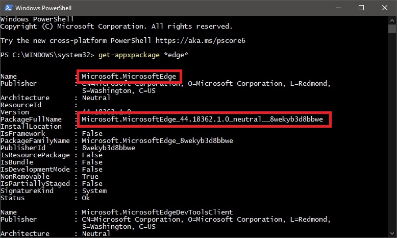 PackageFullName Microsoft Edge PackageFullName Microsoft Edge