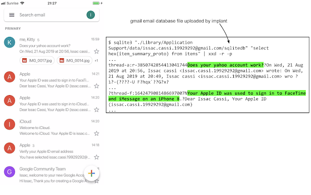 This image shows a screenshot of the gmail app on the left, where email subject lines are visible. On the right is a dump of the sqlitedb file uploaded by the implant which clearly shows that same information in the item_summary_proto fields of the items table.