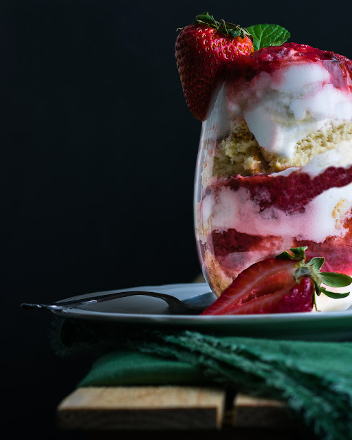 Strawberries & Cream Tres Leches Trifles Strawberries & Cream Tres Leches Trifles in Wine Glass