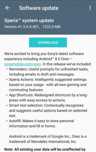 Free Download Sony Xperia XZ, XZs, and X Performance Android 8.0 ORE Update Firmware 41.3.A.0.41