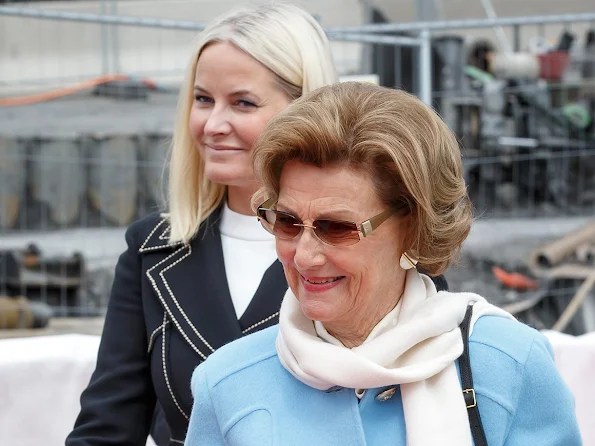 Queen Sonja and Crown Princess Mette-Marit of Norway laid the foundation stone of the new National Museum in Oslo. Diamond Jeweler, earrings, newmyroyals