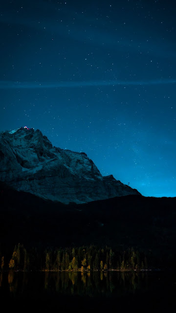 Lake, Mountains, Forest, Night, Stars, Sky