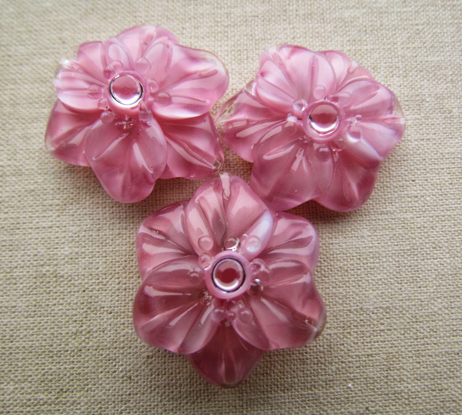 Lampwork garden FLOWERS pink handmade glass lampwork beads sculptural flowers, set of handmade