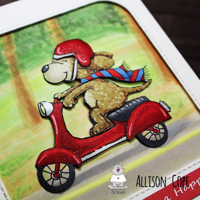 Speeding By Card by Allison Cope featuring the digital stamp "Dog on Scooter Vrooming By" by Gerda Steiner Designs