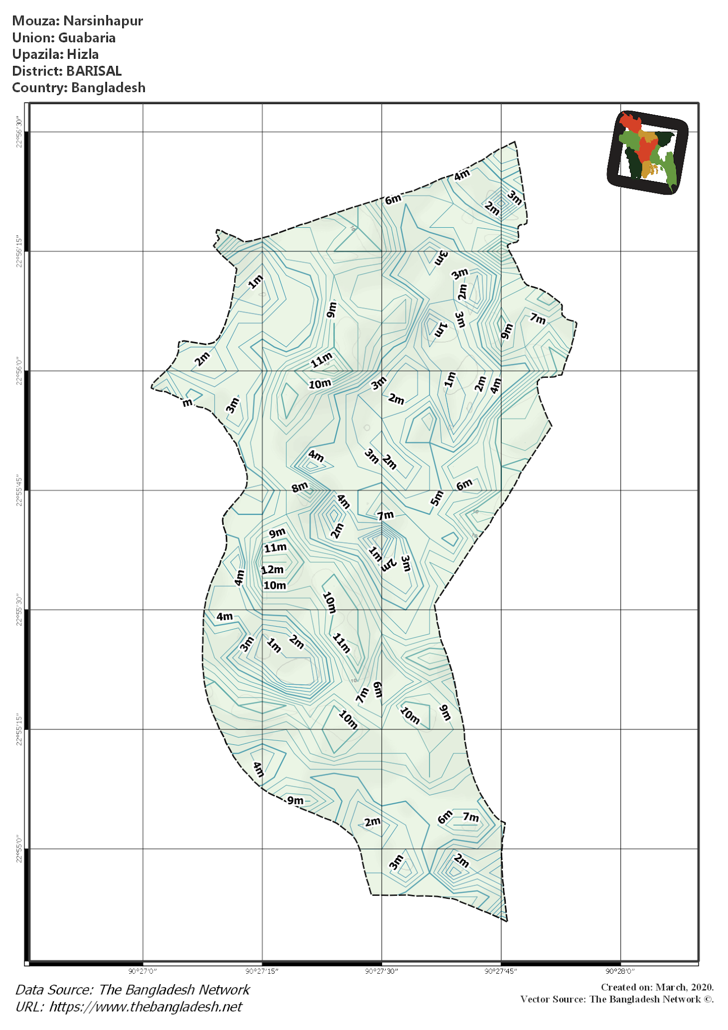 Map of Narsinhapur Mouza of Hizla Upazila, BARISAL, Bangladesh.