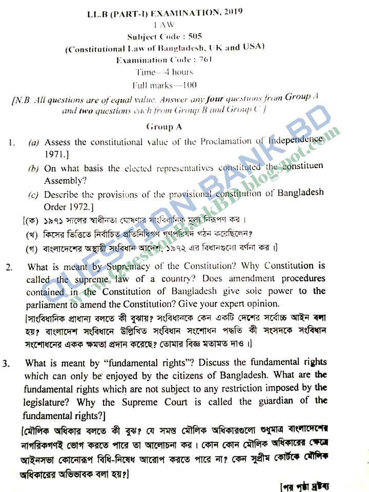Question Bank BD Constitutional Law of Bangladesh, UK and USA NU LLB