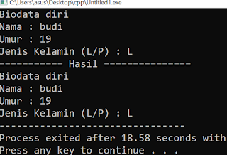 dasar input output dengan cin & cout dan contoh program biodata diri c++