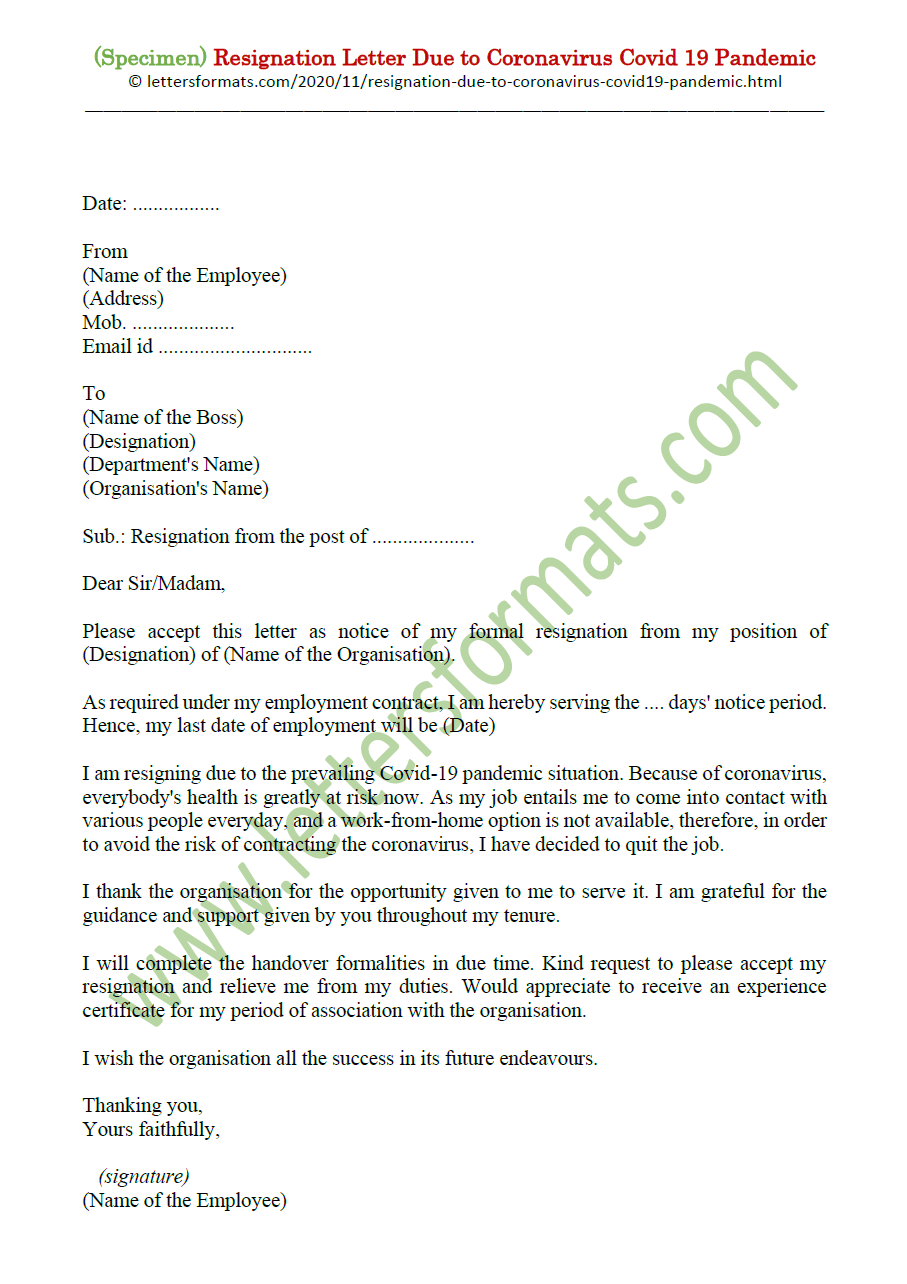 Sample Resignation Letter Due to Corona COVID-19 Pandemic
