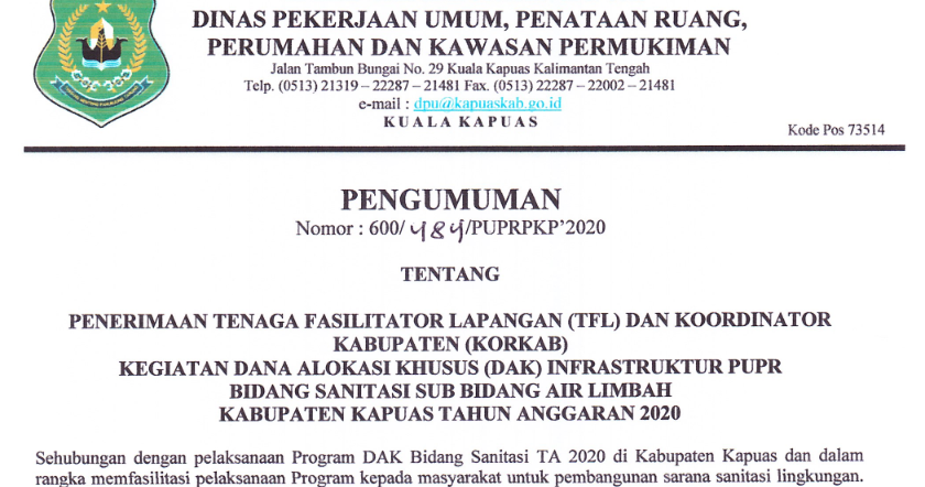 Penerimaan Tfl Korkab Dak Sanitasi Ta 2020 Lowongan Kerja Kalimantan Tengah
