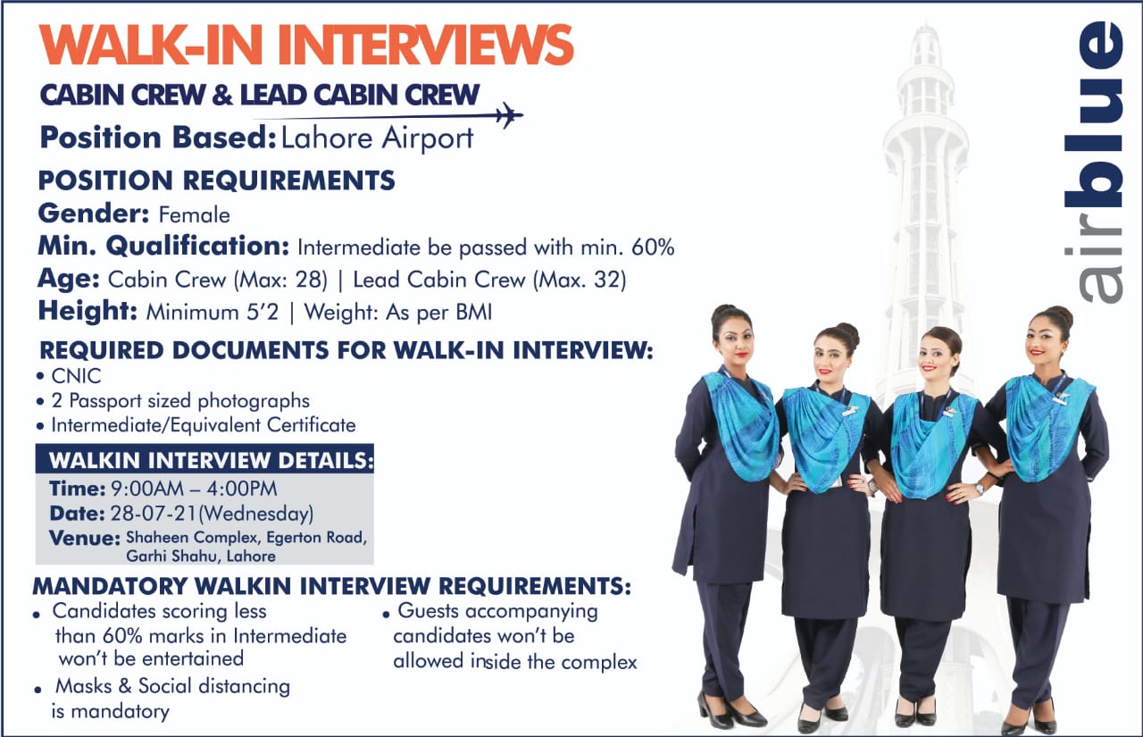 Air Hostess Jobs in Air Blue 2021Walk In Interviews