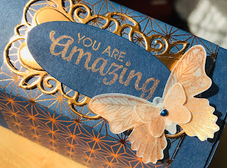 Pentagonal Treasure Chest box Stampin Up, Andrea Sargent, Art with Heart, blog hop, Detailed Bands, Butterfly Gala, DSP, 3D project