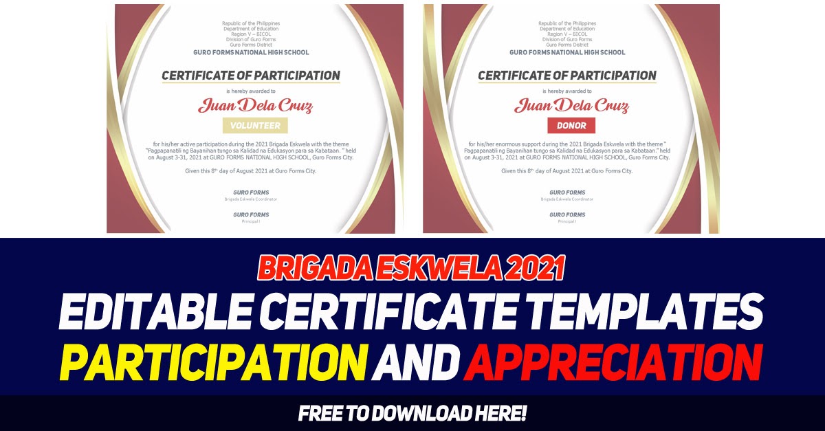 Brigada Eskwela 2021 Editable Certificate Templates Participation