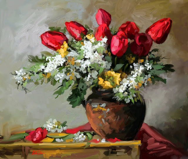 Spring still life with tulips digital oil painting by Mikko Tyllinen