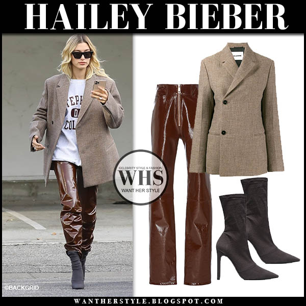 Hailey Baldwin in brown blazer and brown patent pants in LA on December ...