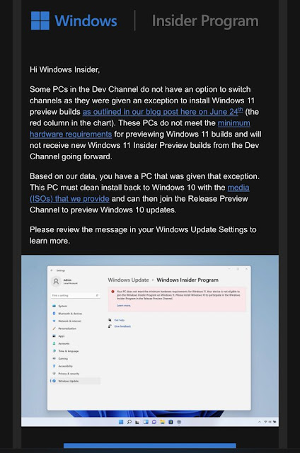 Microsoft invia mail agli Insider con PC non idonei ad eseguire Windows 11