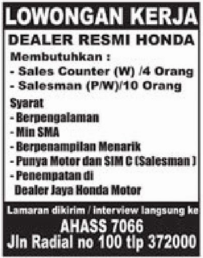 Lowongan Kerja Palembang - Dealer Resmi Honda
