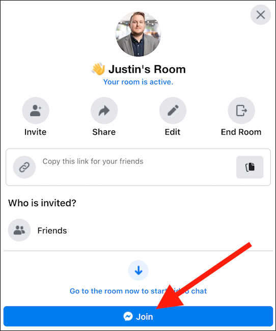 انقر فوق الزر "انضمام" للانتقال إلى غرفة Facebook Messenger الخاصة بك