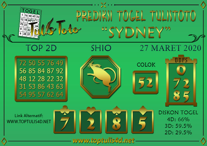 Prediksi Togel SYDNEY TULISTOTO 27 MARET 2020