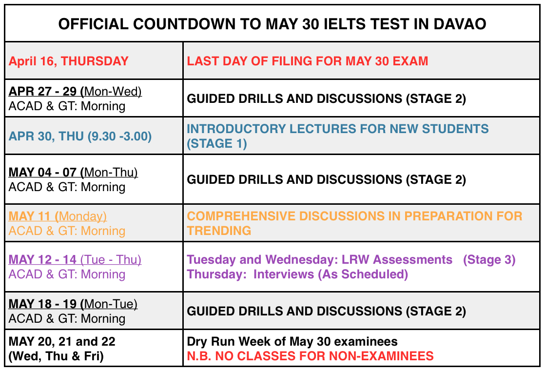 Schedule of classes for May 30, Davao City IELTS Exam Schedule of classes for May 30, Davao City IELTS Exam