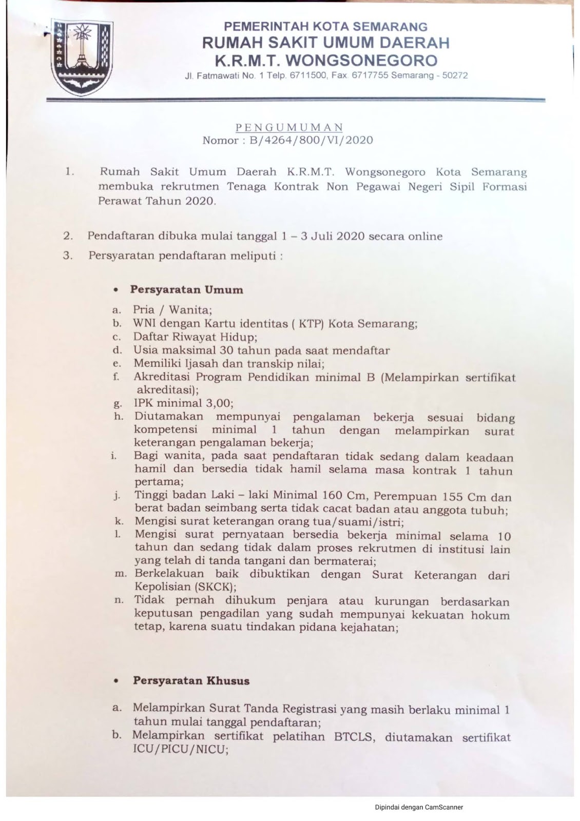 Lowongan Pekerjaan Non PNS Rumah Sakit Umum Daerah RSUD K.R.M.T