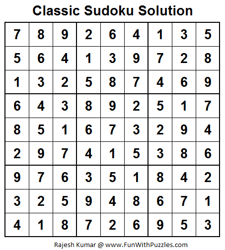 Classic Sudoku (Fun With Sudoku #25)  Solution