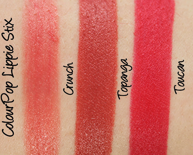 Colourpop Lippie Stix - Crunch, Topanga, Toucan Swatches & Review