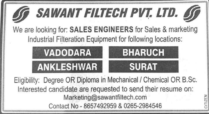 Sawant Filtech Gujarat Jobs For B.E. B.Tech Diploma B.Sc Check Now