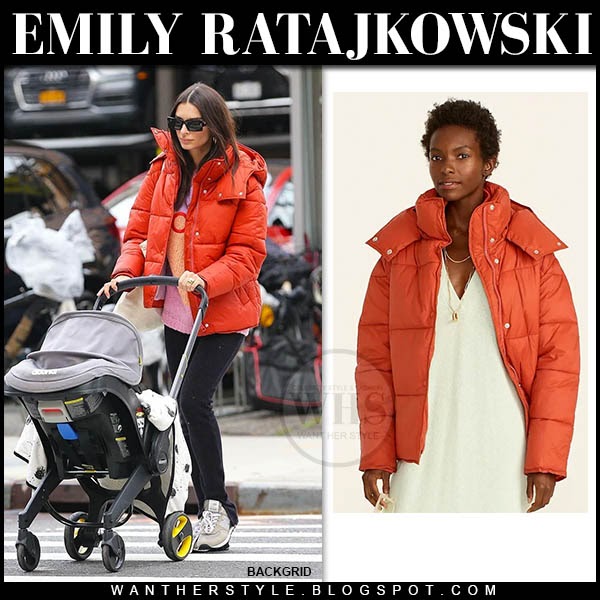 Emily Ratajkowski in red puffer jacket and leggings in NYC on November ...