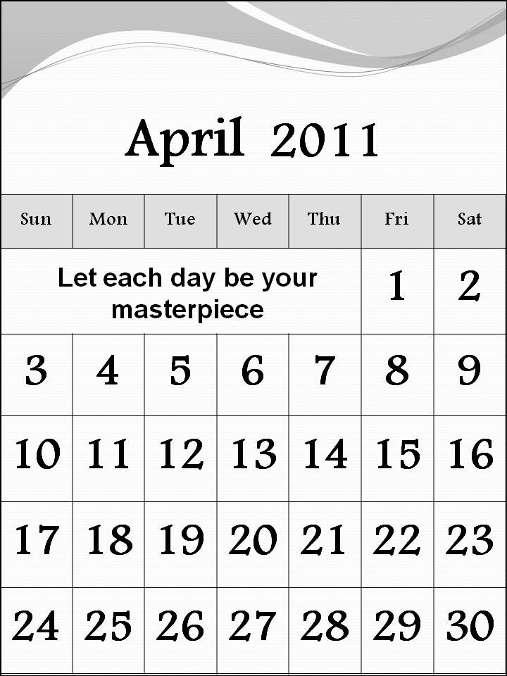 april 2011 calendar printable. PRINTABLE 2011 CALENDAR APRIL