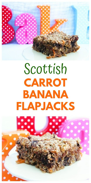 Scottish Carrot, Banana and Chocolate Chip Flapjacks. An easy oat bar that kids love. Good energy bars if you are running or out hillwalking. #flapjacks #Scottishflapjacks #oatbars #energybars #carrotflapjacks #carrotoatbars #carrots #bananas