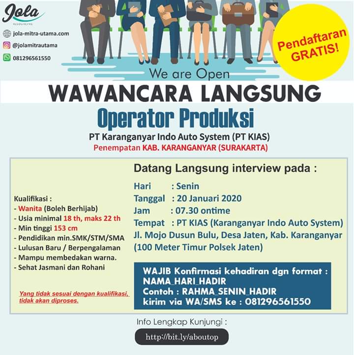 Lowongan Kerja Operator Produksi Pt Karanganyar Indo Auto System Kias Loker Swasta