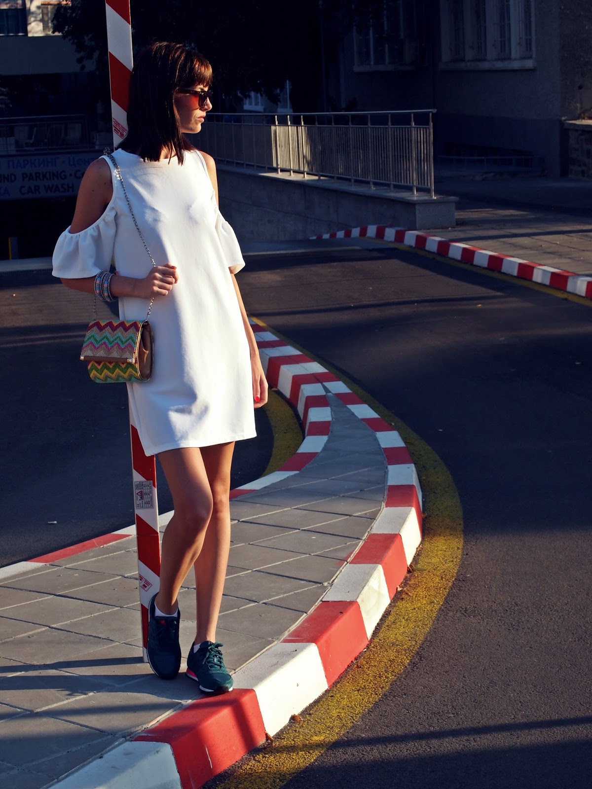 outfit summer white zara off the shoulder dress ss 2016 new balance capsule glam sneakers