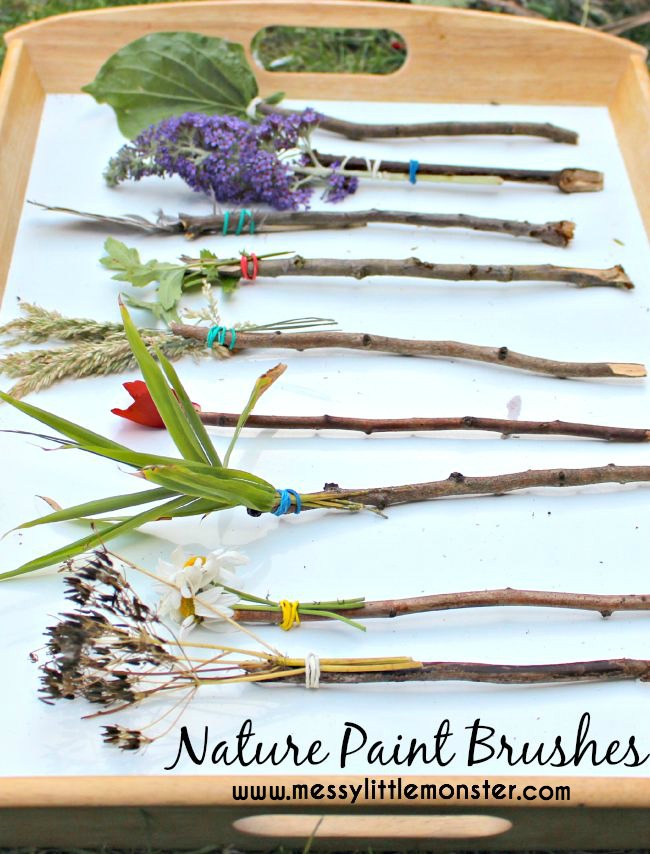 How to make nature paint brushes.  An easy outdoor process art activity for kids, toddlers, preschoolers, eyfs. A summer and spring projec