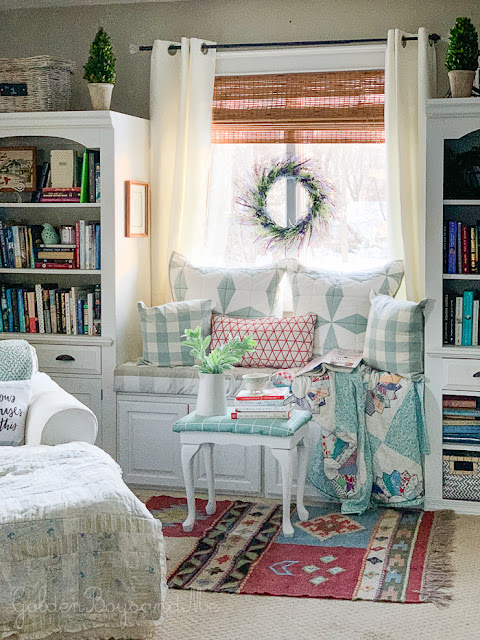 Cozy and Colorful Country Cottage Home Tour - DIY bookcase and built in storage window seat. Cozy and Colorful Country Cottage Home Tour