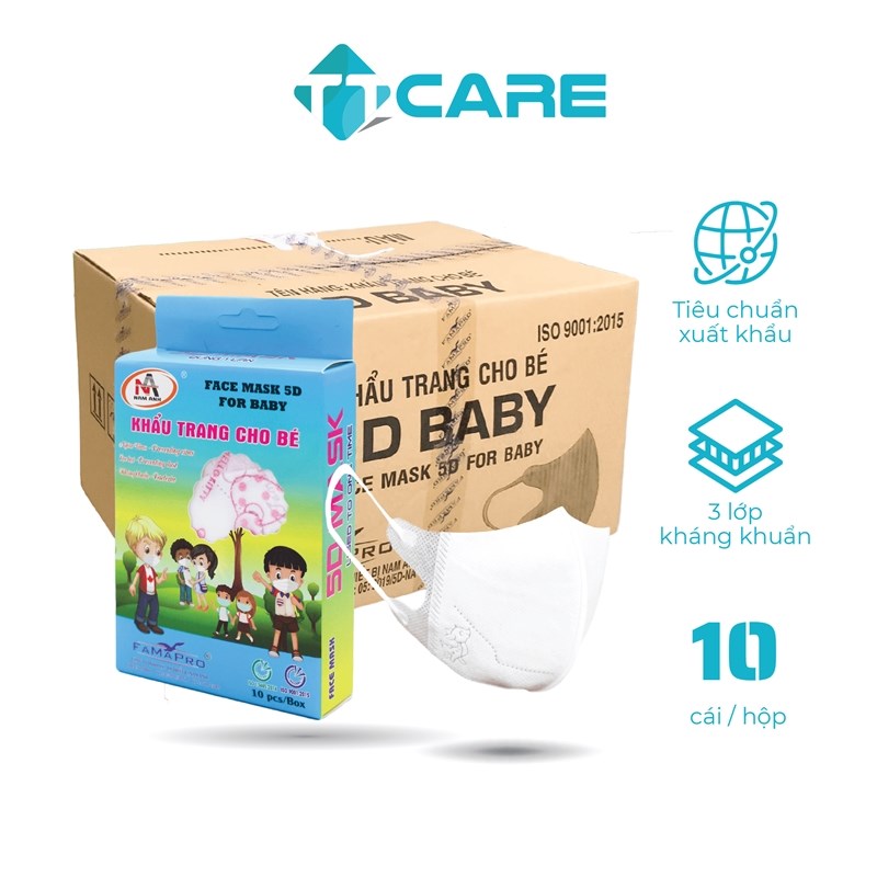 TTCare Thùng 100 Hộp khẩu trang y tế 3 lớp VN95 Pro trẻ em 10 chiếc/hộp (Giao màu ngẫu nhiên)