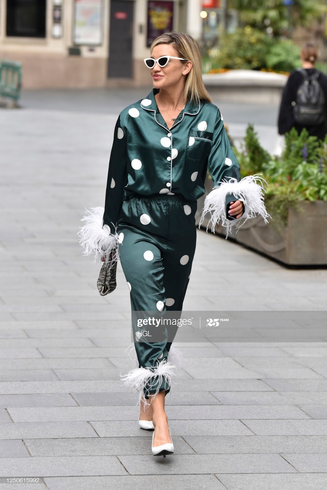 Ladies in Satin Blouses: Ashley Roberts - green satin pajamas