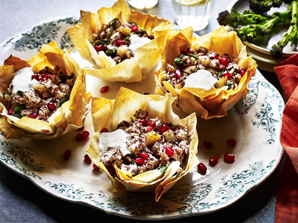 Greek Potato And Chicken Parcels With Pomegranate, Spinach And Sumac