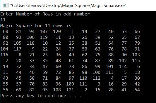 Magic Square for Given number of rows