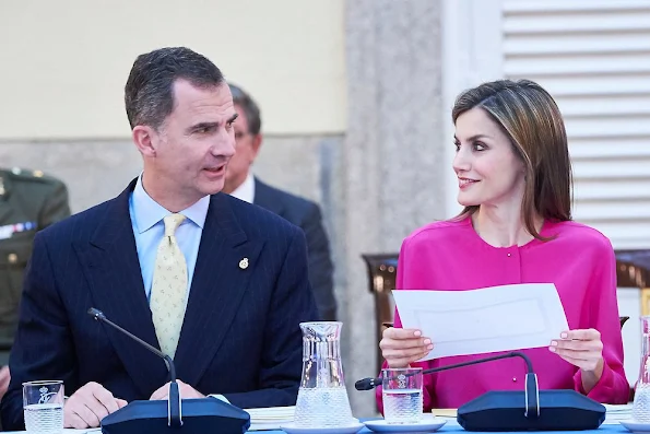 King Felipe and Queen Letizia attend a meeting Boards of Trustees of the Princess of Asturias Foundation Letizia wore UTERQUE Nappa Trousers PRADA Toe Pump