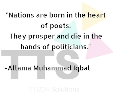 A pic showing logo of TTECH Solutions with Quote by Allama Iqbal, Inspirational Quote, Good Quote Category