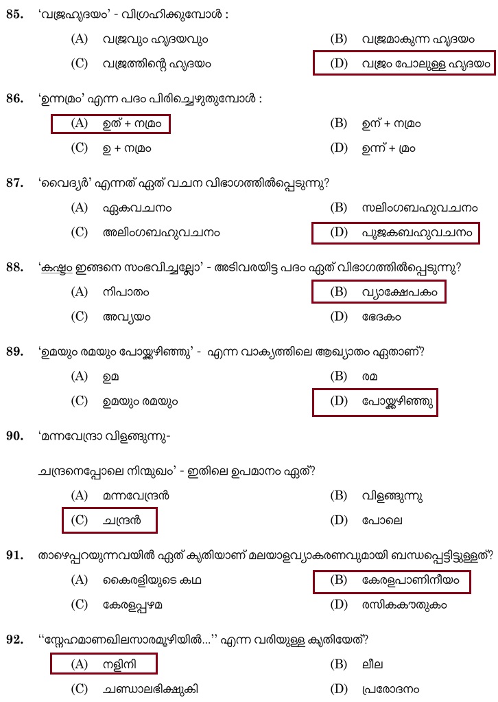 Translator (Malayalam to English) Question Paper and Answer Key